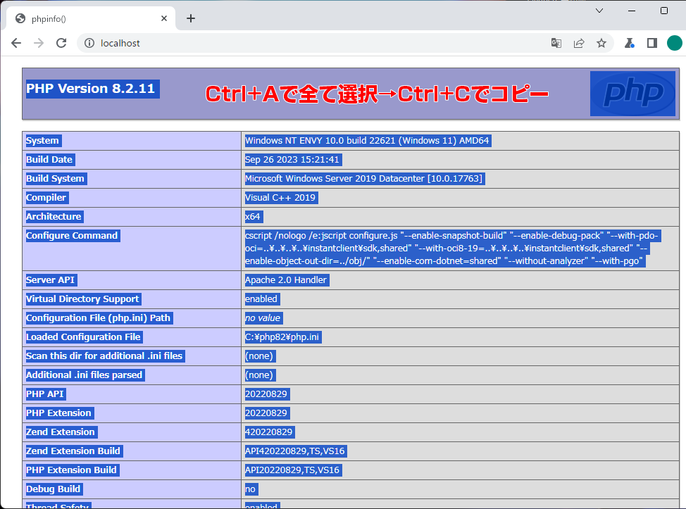 phpinfo()の結果を全てコピー